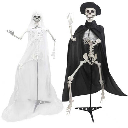 2PC 5.4Ft Life Size Skeletons with Stand Gothic Skeleton Bride and Groom Plastic Skeleton with Movable Joints for Halloween Party Haunted House Front Lawn Decoration
