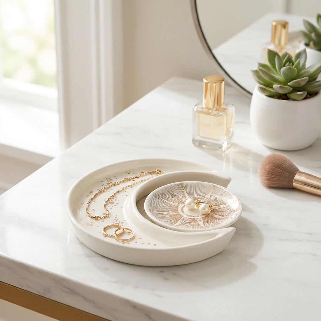 Ceramic Jewelry Dish Tray 2-Pack, Sun and Moon Ring Holder for Earrings, Key bowl, Unique Vanity Decor for Bedroom, Small Trinket Plate for Women Mom Daughter Bride Gifts,Engagement Birthday Gift