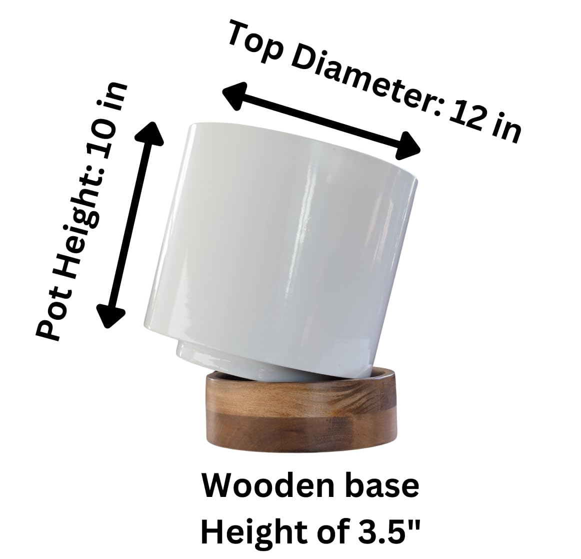 Modern Metal Planter Pot with Wooden Stand – Decorative Indoor Plant Container for Home, Office or Apartment décor – Durable Glossy White Finish with Polished Natural Wood Base – Floor & Table Ready