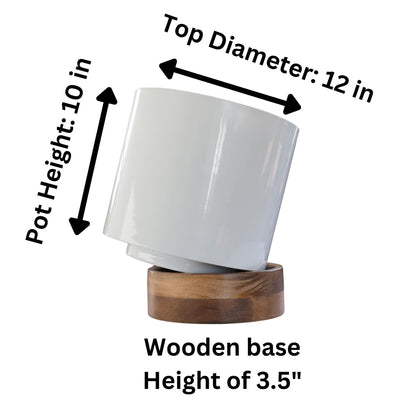 Modern Metal Planter Pot with Wooden Stand – Decorative Indoor Plant Container for Home, Office or Apartment décor – Durable Glossy White Finish with Polished Natural Wood Base – Floor & Table Ready