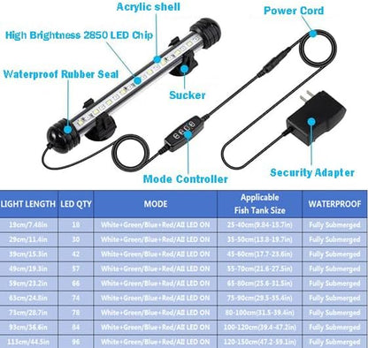 Submersible Led Aquarium Light for Plants Full Spectrum Fish Tank Light with Timer Auto On/Off,Adjustable Brightness,White Green Blue Red Aquarium Lights Bar,24.8inch (with Timer&dimmer)
