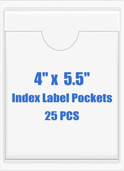 Origin-Joy 25 PCS Self-Adhesive Index Label Pockets, Clear Plastic Peel & Stick Card Holders with Top Open for Loading (4 x 5.5 inch)