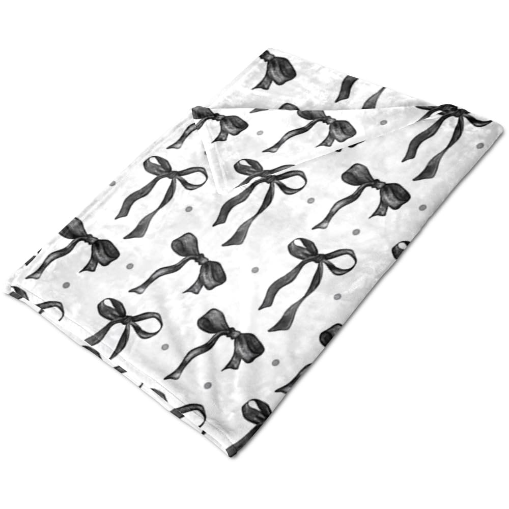 Reateforin Black and White Bows Throw Blankets Black Bow Preppy Blanket Coquette Flannel Soft Cute Bow Aesthetic Classroom Room Decor for Sofa Couch Travel Bed Christmas Halloween Decoration 30"x40"