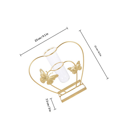 HOMSFOU Metal Framed Hydroponic Flower Vase Butterfly Pattern, Heart-Shaped Glass Plant Terrarium, Creative Home Décor for Living Room and Wedding Centerpieces