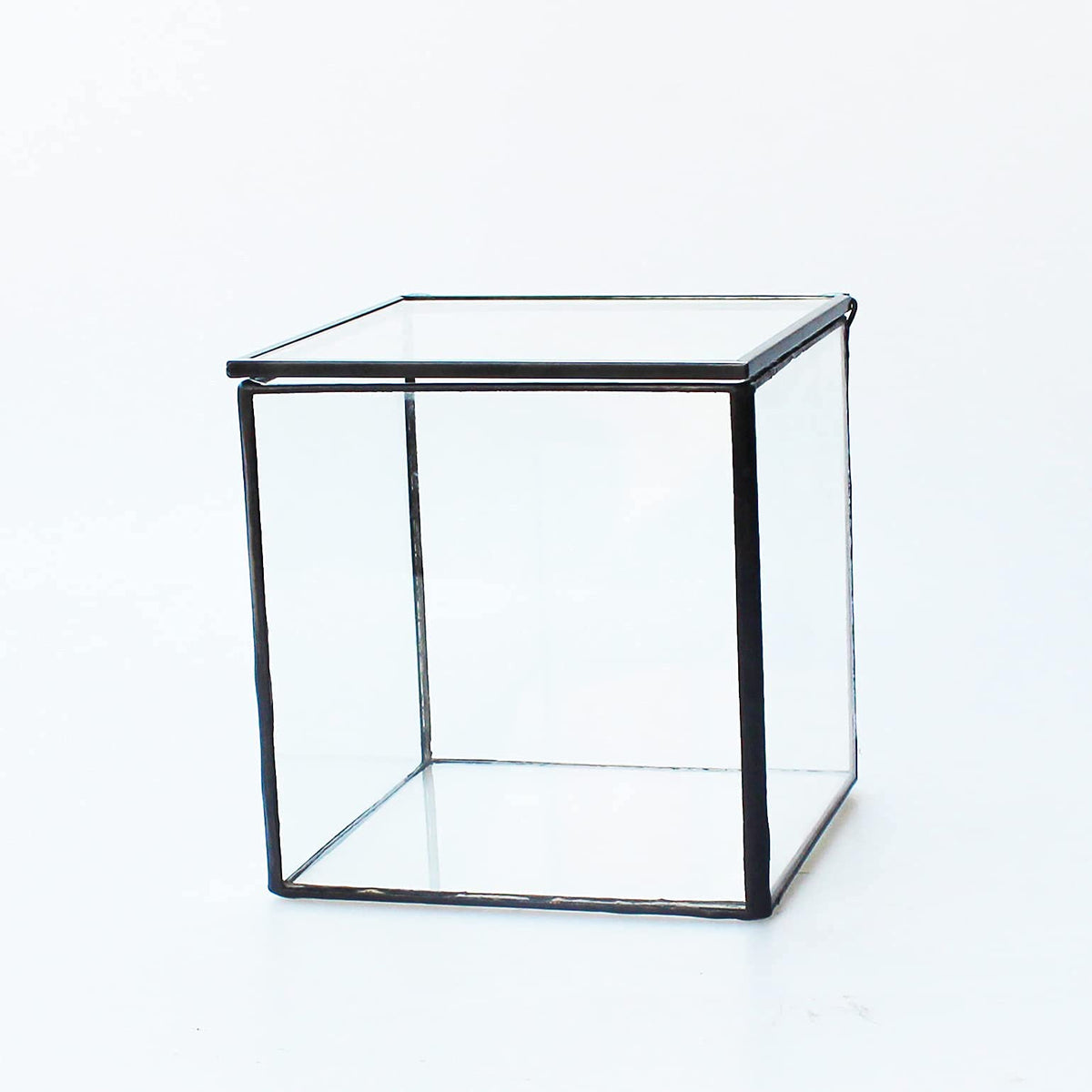 Small Square Glass Terrarium with Lid,Geometric Clear Box for Indoor Plants,Black Little Handmade Planter Pot for Succulents,Moss and Air Plant Fern,Home Garden Decor,4.3 x 4.3 x 4.7inch
