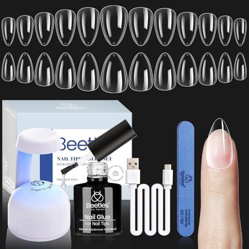 Beetles Gel Nail Extension Kit Almond Shape, Easy 9 in 1 Glue Uv Led Set Etch X Nail Tips Short Almond Half Matte Tips, Gift for Women & Girls, 504 pcs