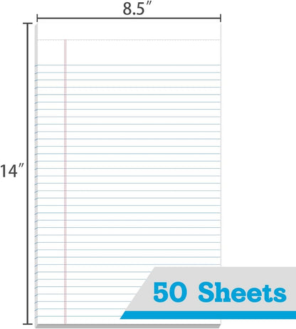 KAISA Legal Pads Note Pads 8.5"x14" Wide Ruled, 50 sheets Perforated Writing Pad, White Pack of 72 Pads, Made In The USA.