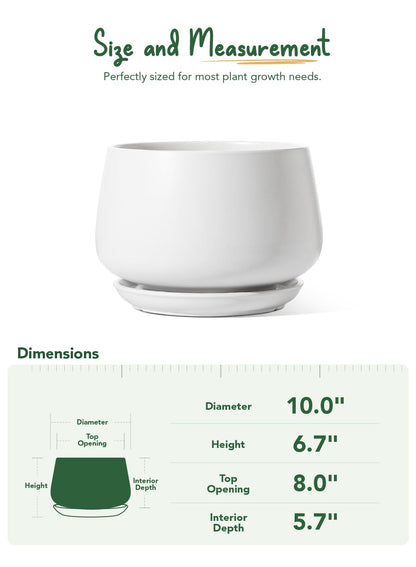LE TAUCI Ceramic Planter, 10 Inch Plant Pot with Drainage Hole & Saucer – Durable Indoor Planter for Modern Home Decor, White