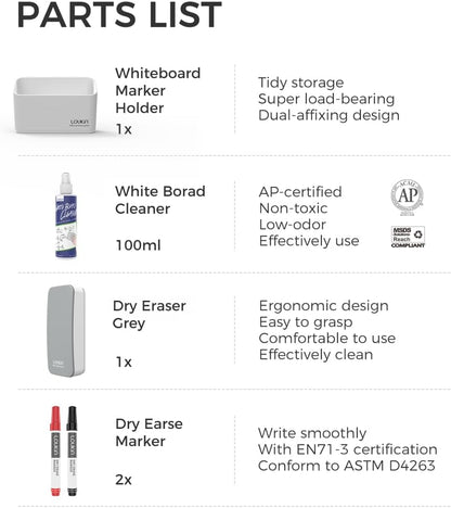 loukin Magnetic Marker Holder Set, Dry Erase Marker Holder, Dry Erase Accessory Tray Set (Includes 1 Eraser, 1 Cleaner, 2 Dry Erase Markers), Ideal for Office, School or Home Use(White)