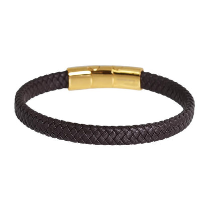 Geoffrey Beene Men's Braided Genuine Leather Bracelet with Stainless Steel Closure (Brown, Gold)