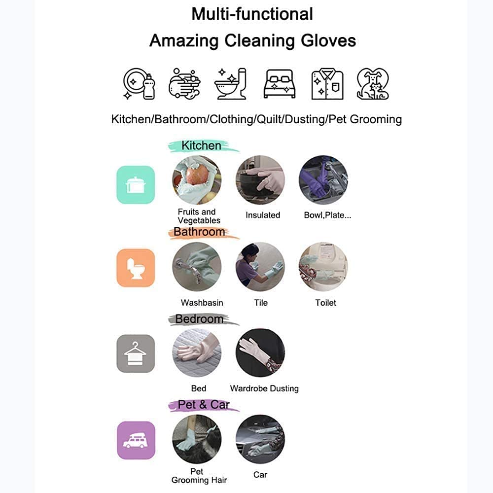 Silicone Dishwashing Gloves, Pet Grooming Rubber Scrubbing Gloves for Dishes,Sponge Wash Cleaning Glove with Scrubbers for Housework, Bathroom, Kitchen, Car, Pets. 1Pair (13.6" Large)