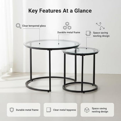 Round Nesting Coffee Table Set of 2, Modern Glass Nesting Tables, Stacking Minimalist End Table for Living Room Bedroom Small Space, Clear Tempered Glass and Black