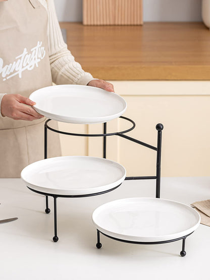 Kanwone 3 Tiered Serving Stand with White Porcelain Plates, 10" Round Tray, Dessert Table Display Set, Black Metal Stand, Versatile & Durable