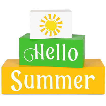 COCHIE Wooden Hello Summer Decorations Table Sign, Sunshine Beach Table Top Centerpiece Blocks Decorations for Home, Office, Mantel, Tabletop, Party, Shelf Set of 3 (Summer)