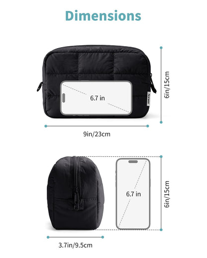 Narwey Puffer Makeup Bag for Women Girl, Quilted Travel Cosmetic Bag Puffy Make Up Bag Organizer, Cute Travel Toiletry Bag for Toiletries (Black)