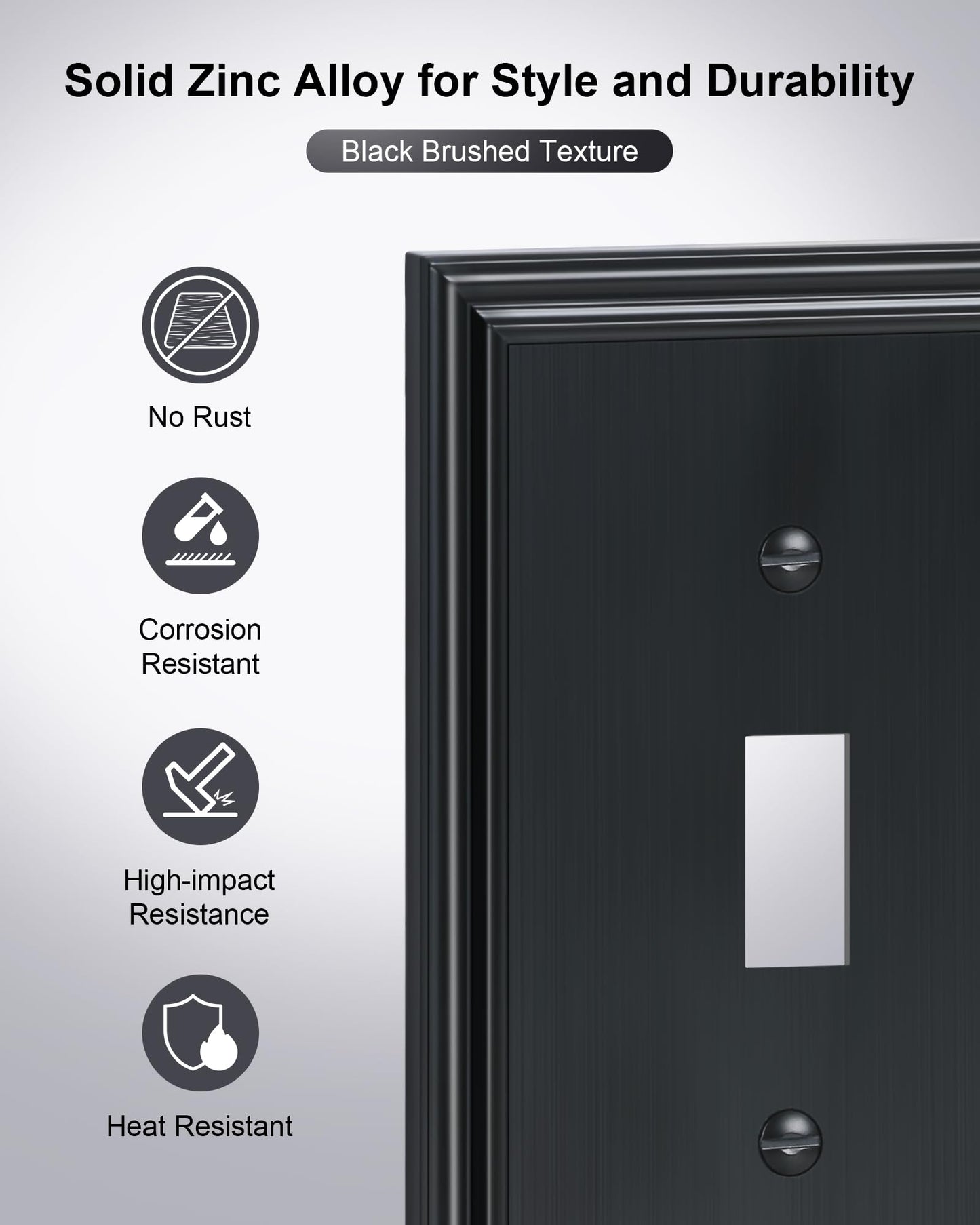 TREEWELL 4-Pack Single Toggle Light Switch Cover Plate, Durable Solid Zinc Alloy Decorative Switch Plate Covers, Black 1 Gang Wall Plate, Corrosion Resistant