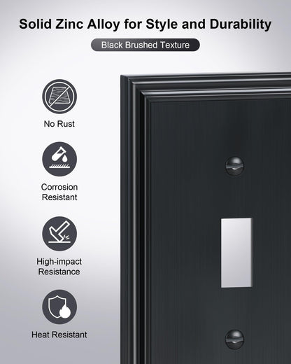 TREEWELL 4-Pack Single Toggle Light Switch Cover Plate, Durable Solid Zinc Alloy Decorative Switch Plate Covers, Black 1 Gang Wall Plate, Corrosion Resistant