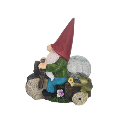 SAMPU Craft Solar Powered Garden Gnome on Motorcycle with Frog and Crackle Glass Globe, Outdoor LED Light Decor for Patio, Lawn, Yard, and Garden (Red)