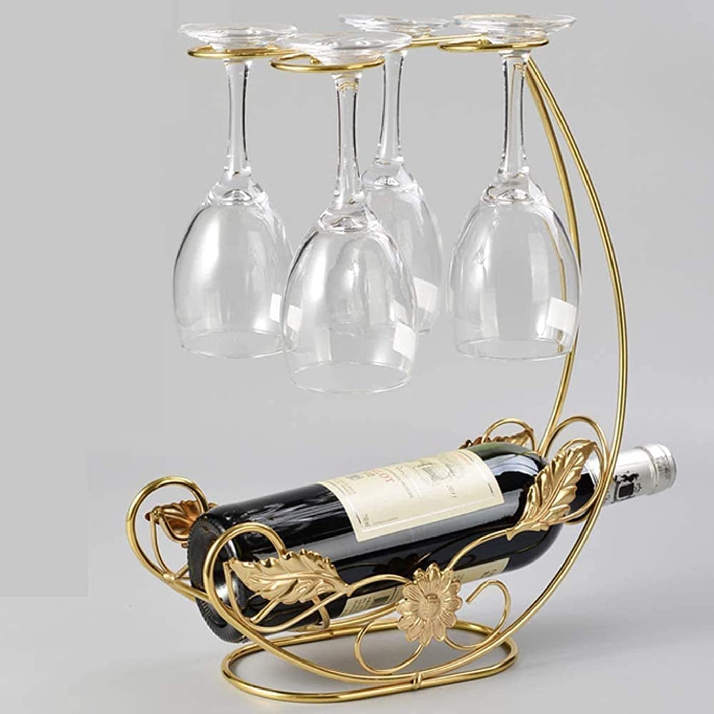 Hongiuia Metal Wine Rack, Tabletop Wine Glass Holder, 1 Bottle+4 Cups Gold