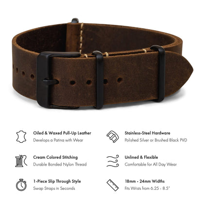 Benchmark Basics Leather Watch Band - Crazy Horse Oiled Leather One-Piece Watch Straps for Men & Women - Choice of Color & Width - 18mm, 20mm, 22mm or 24mm (24mm, Dark Brown PVD)