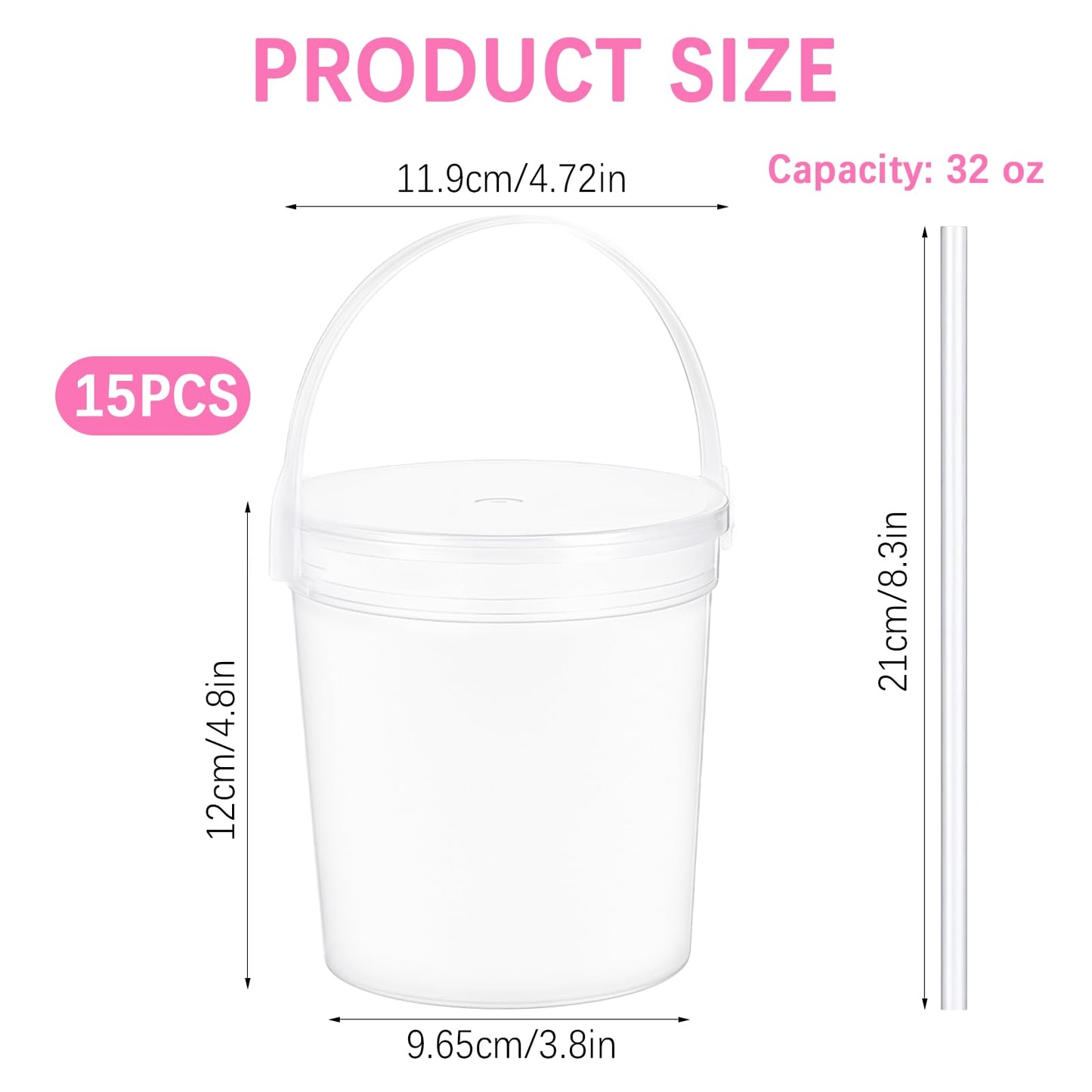 15 Pack Plastic Rum Buckets for Drinks, 32 OZ Cocktail Buckets Reusable Smoothie Bucket with Lid and Straw, 1Liter Large Ice Cream Pails for Halloween Football Parties Bar Beer