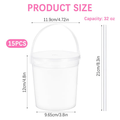 15 Pack Plastic Rum Buckets for Drinks, 32 OZ Cocktail Buckets Reusable Smoothie Bucket with Lid and Straw, 1Liter Large Ice Cream Pails for Halloween Football Parties Bar Beer