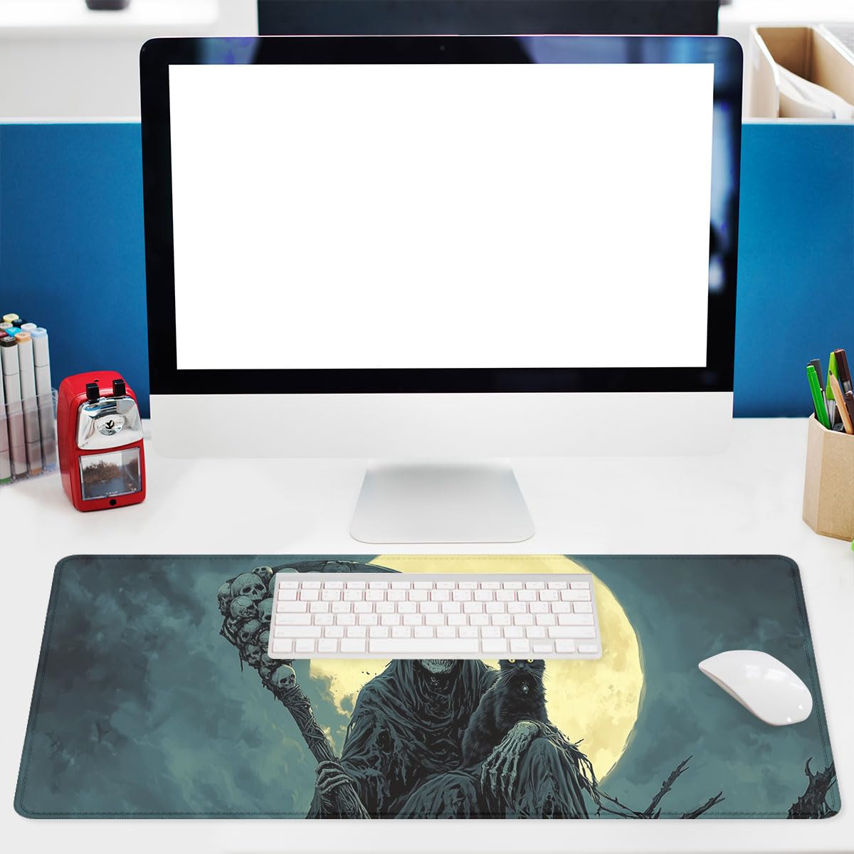 Grim Reaper Mouse Pad Dark Sickle Skull Black Cat Moon Extended Mousepad Waterproof Stitched Edges Rubber Base Non-Slip Deskpad Computer Keyboard Mat 31.5x11.8 in