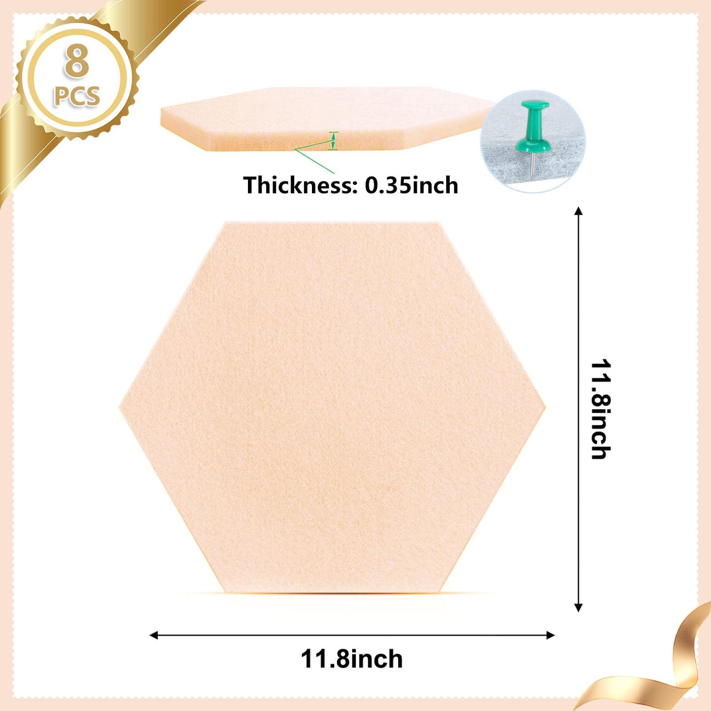 8 Packs Champagne Hexagon Felt Pin Board, 12" Bulletin Board with 30 Push Pins, Felt Board for Home Kitchen Office Decor, Self-Adhesive Corkboard Tiles for Walls School Message Photos Memos