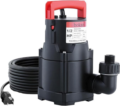 Sump Pump, Submersible Water Pump, 1/2HP Submersible Pump, Water Removal Pump With 10Ft. Garden Hose for Pool Draining, Hot Tub & Basement, Portable Pump with 25ft Long Cord & Garden Hose Adapter