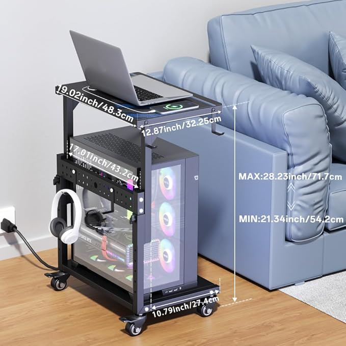 ZUAVIALA Computer Tower Stand with Power Outlet, 6 Level Height Ajustable PC Tower Stand for Floor, Mobile Rolling CPU Holder Cart for Gaming, Office, Home, 21.34"-28.3", Black
