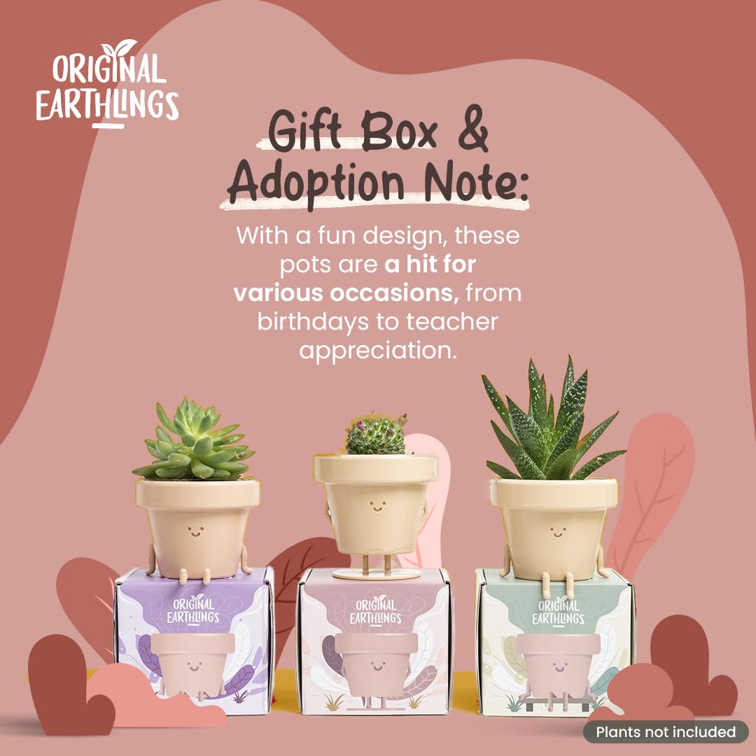 Original Earthlings Standing Pot - 4 Inch Cute Plant Pot - Plastic Funny Planter with Drainage - Unique Cactus Lover Gift - Small Succulent Face Flower Pot - Cute Plant Gifts for Plant Lovers