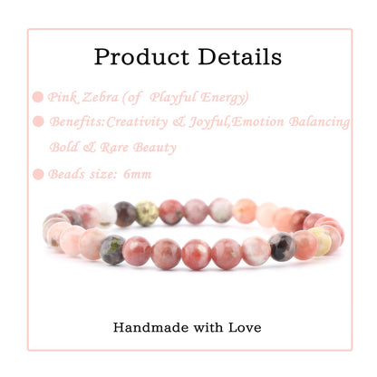 Bymitel 6mm Pink Zebra - Handmade Reiki Gemstone Stretch Bracelet, Natural Beauty & Spiritual Essence, Crystal Healing for Unisex Adults