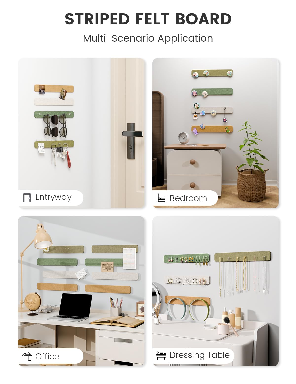 Fluxynara Cork Board Alternative Felt Strip Board 8-Pack 13"x2", Office Pin Board with 50 Push Pins, Adhesive Install for Bedroom Door & Home Office (Olive Grove)