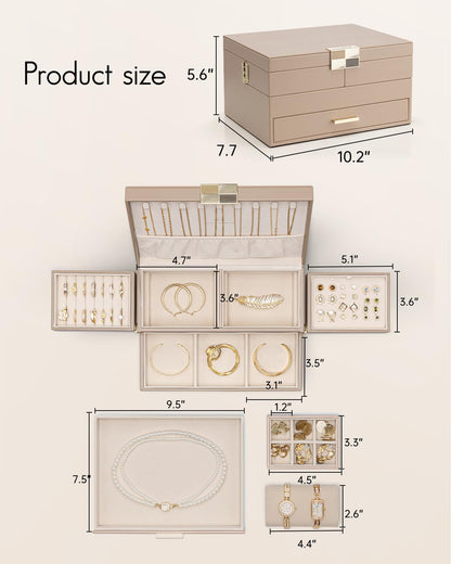 VLANDO 3 Layer Jewelry Box - Women Jewelry Box with Retractable Tray - Jewelry Organizers with Drawer for Necklaces, Rings, Bracelets, Earrings, Gift for Couples Mom Girls - Toffee