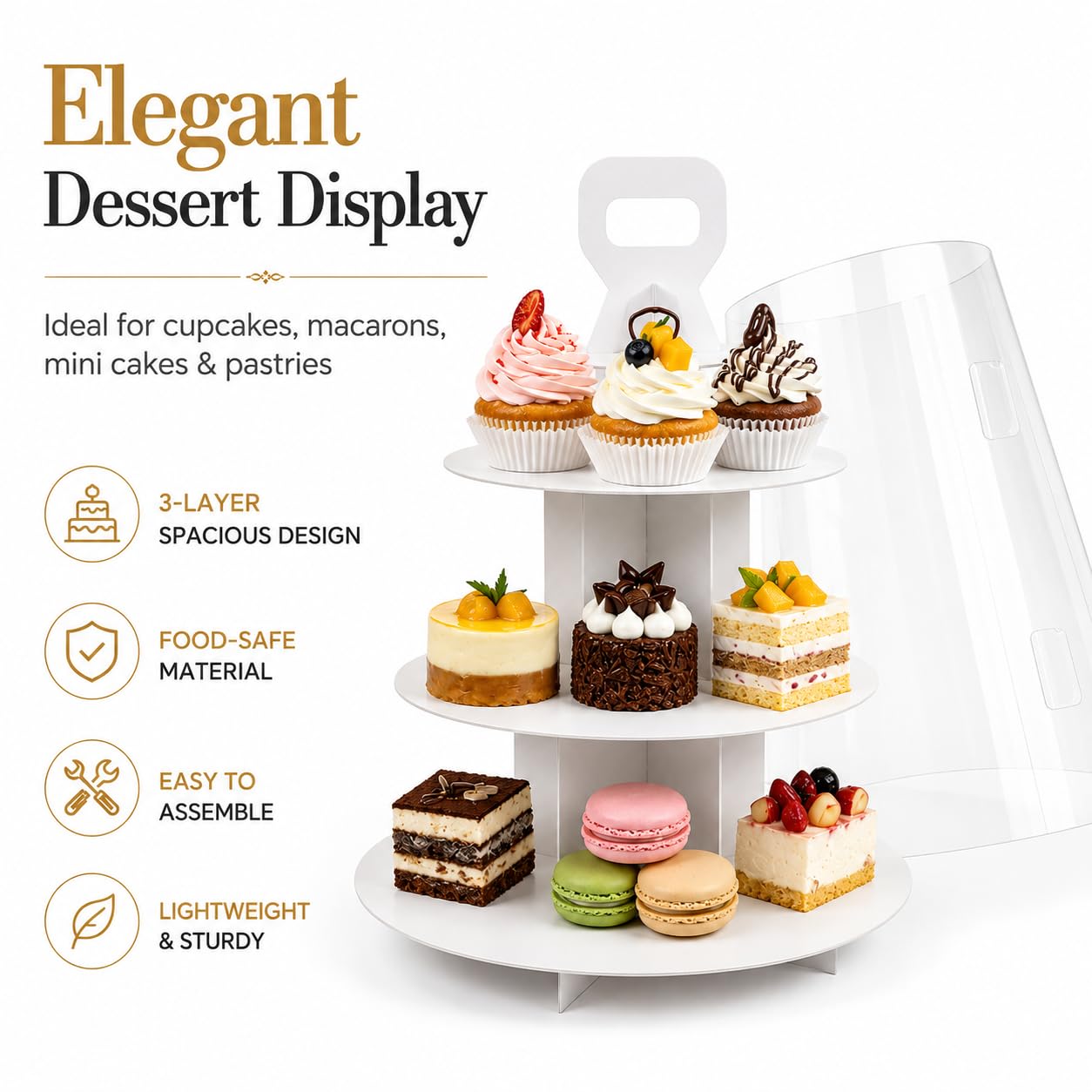 FZJ 3-Tier Cupcake Stand, 5 Set Cardboard Cupcake Tower with Clear Cover, Dessert Cup Cake Stand Tower for Birthday Wedding Party Decoration,Afternoon Tea Stand, Cupcake Tier Stand