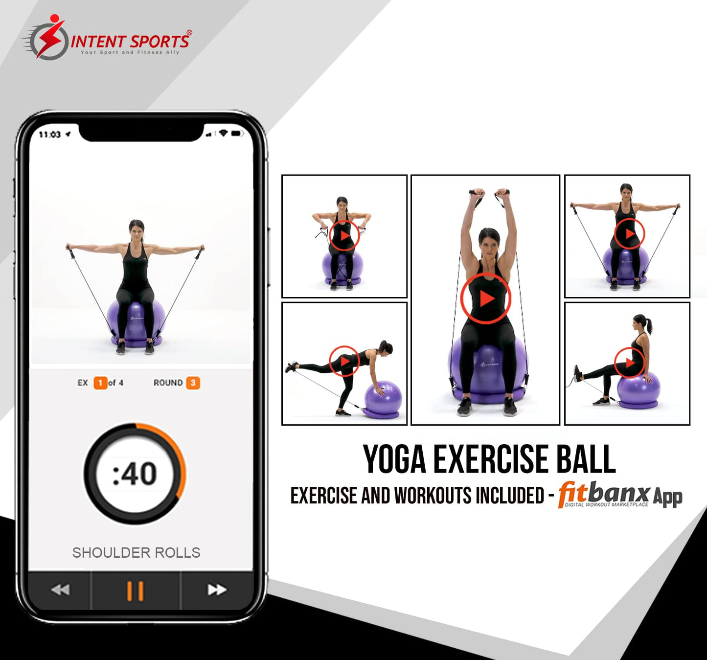 INTENT SPORTS Yoga Ball Chair – Stability Ball with Inflatable Stability Base & Resistance Bands, Fitness Ball for Home Gym, Office, Improves Back Pain, Core, Posture & Balance (65 Cm)