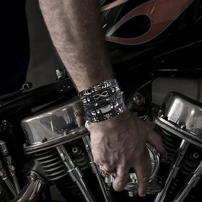 WAINIS 6 Pack Mens Black Leather Bracelets Set for Men Stackable Braided Cuff Bracelet Tribal Punk Rock Handmade Wristband