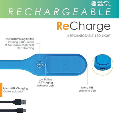 The Original Mighty Bright Recharge Clip On Rechargeable Book Light Reading Light, Warm Eye Care LEDs, Flexible, Durable, Dimmable, Perfect for Kids, Bookworms, Reading in Bed, Lasts 60 Hours (Blue)