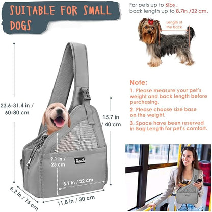 SlowTon Pet Dog Sling Carrier, Hands Free Hard Bottom Papoose Small Animal Puppy Up to 6 lbs Travel Bag Tote Breathable Mesh Support Adjustable Padded Strap Pocket Safety Belt Machine Washable