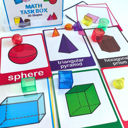 Math Task Boxes Set of 5 Math Manipulatives Themes 230+ Pieces of Number Rods, Base Ten Blocks, Ten Frame Disc Counters, Place Value Blocks, 0-9 Numbers, 3D Shapes, Activity Cards (3D Shapes)