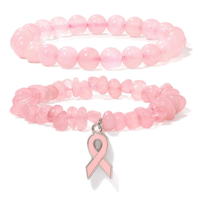 GolbalJew Breast Cancer Awareness Bracelets for Women Pink Ribbon Charm Rose Quartz Beads Bracelet Natural Stone Breast Cancer Encouragement Jewelry Gifts