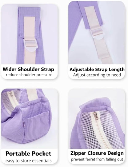 Ferret Sling Carrier - Pet Carrying Bag with Adjustable Strap Hands Free Shoulder Bag Crossbody Travel Slings Soft Small Animal Bonding Pouch Front Backpack for Ferret Rabbit Puppy Kitten (Purple)