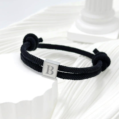 BHDJSHX Personalized Initial Rope Bracelet for Men, Stainless Steel A-Z Letter Charm Bracelet,Adjustable Handmade Braided Black Cord,7-13 Inches,Gifts For Men,Brothers,Son,Boyfriend(C)