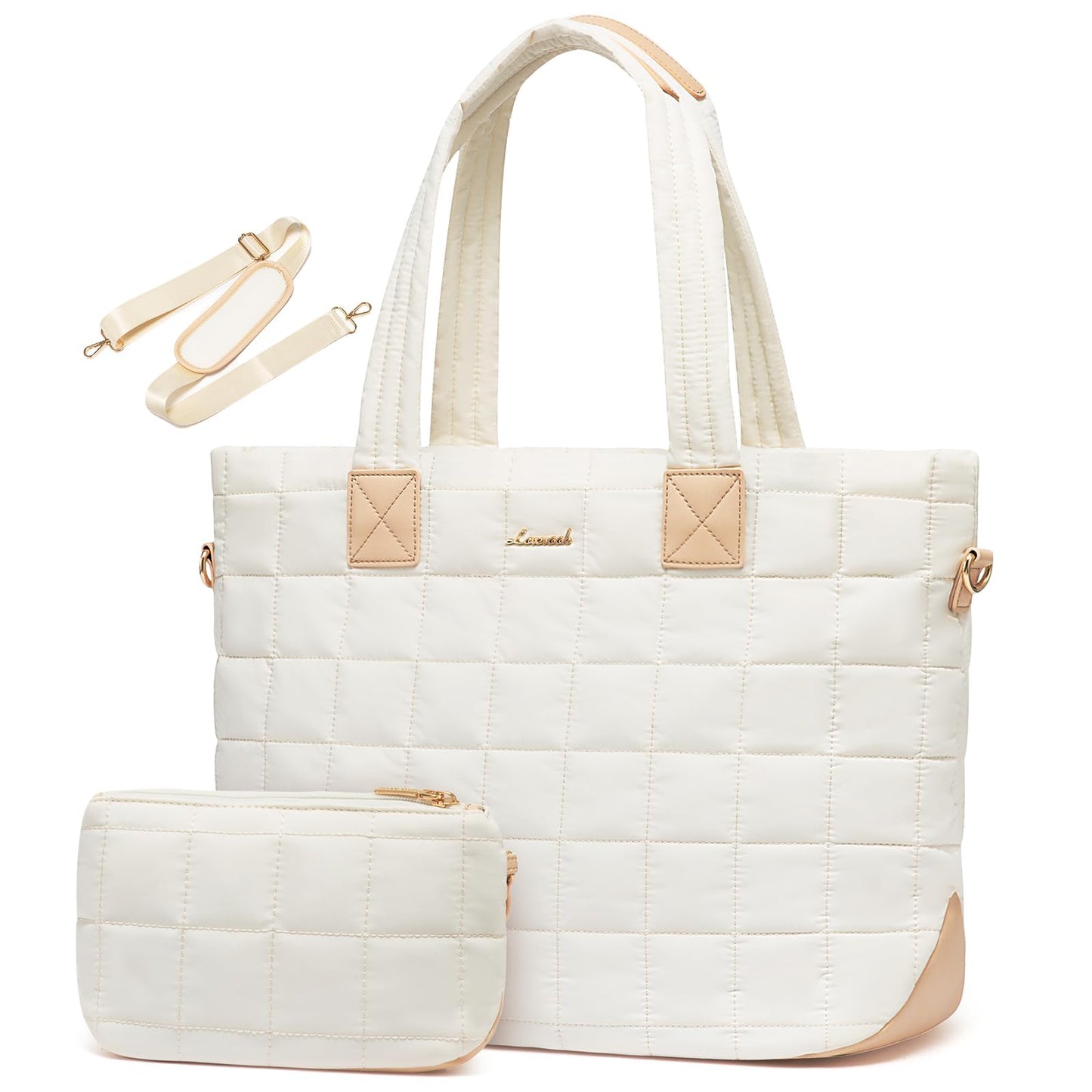 LOVEVOOK Laptop Tote Bag for Women, 15.6 Inch Large Puffer Work Computer Tote Bags for Teacher Nurse, Quilted Women's Purse Tote Shoulder Handbags with Zipper for Travel College Office Gym, Beige
