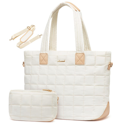 LOVEVOOK Laptop Tote Bag for Women, 15.6 Inch Large Puffer Work Computer Tote Bags for Teacher Nurse, Quilted Women's Purse Tote Shoulder Handbags with Zipper for Travel College Office Gym, Beige