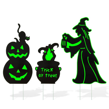 Halloween Outdoor Yard Decorations, 3 Pack Glow in The Dark Witch and Pumpkin Lawn Signs Waterproof Witch's Cauldron Potions for Garden, Walkway, Patio, Porch Outside Decor