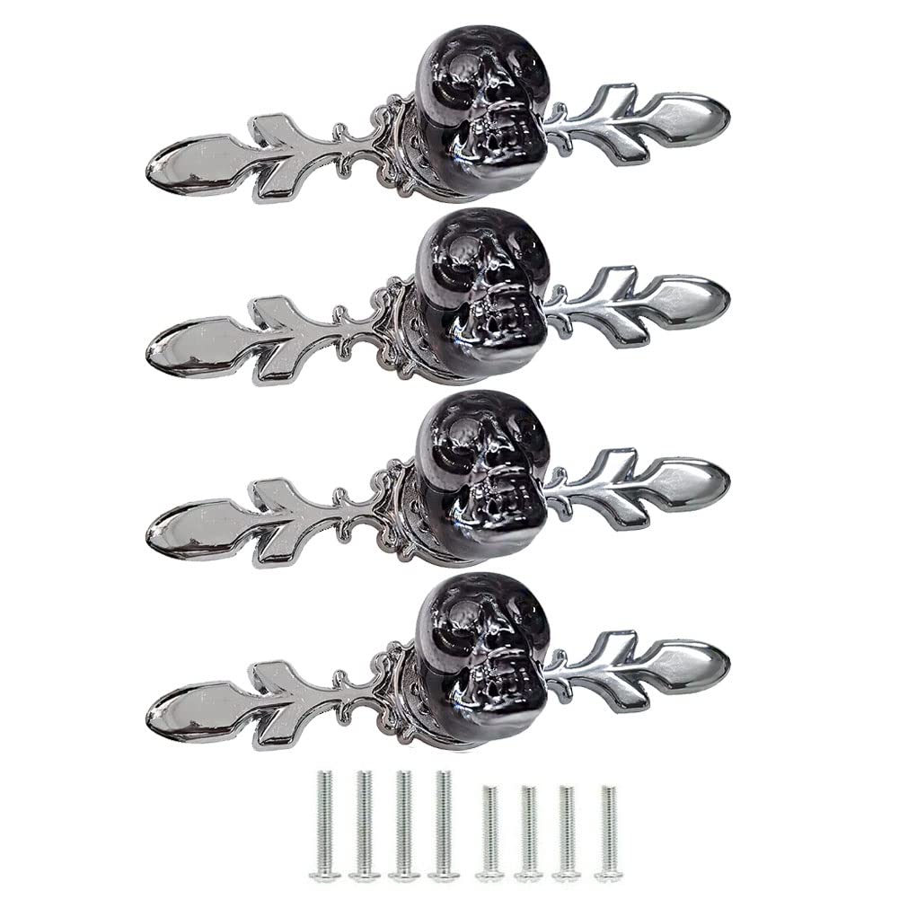 Black Skull Drawer Knobs Handles, 4Pcs Unique Crystal Cabinet Pulls Single Hole Zinc Alloy Base with Backplate for Dresser Wardrobe Cupboard Kitchen Hardware Furniture Decoration Glass Handle (Black)