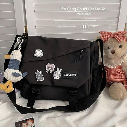 Aesthetic Crossbody laptop Bag, 15.6 Inch laptop messenger bag for women men, Cute Shoulder Bag with Cute Pins and Ornament Black