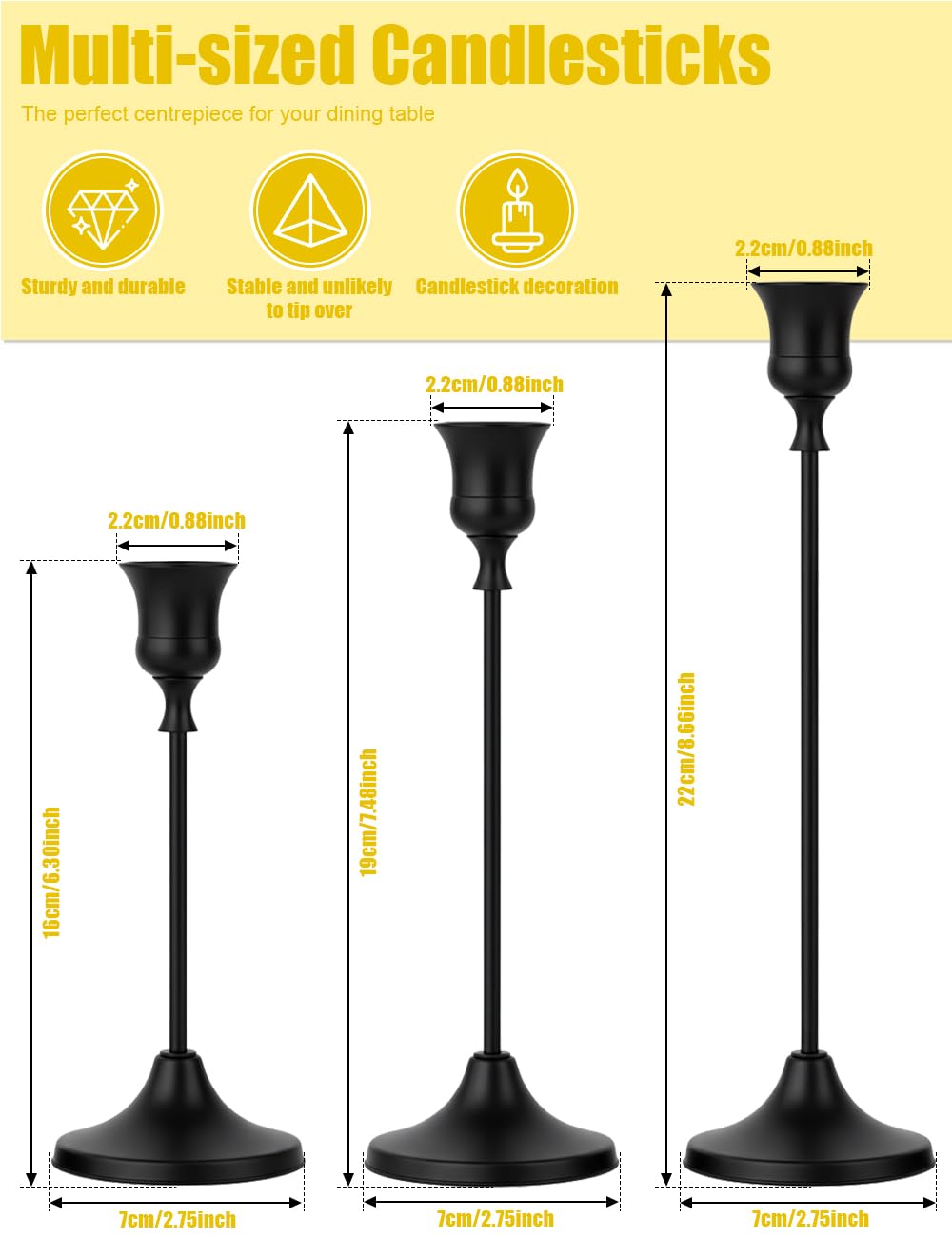 2 Sets(6 Pcs) Black Tapered Candle Holder,Candlestick Tall Metal Candlestick Holders for Table Centerpiece Home Decor for Wedding Fireplace Mantel Housewarming Gift Fits 3/4 Inch Thick Candles