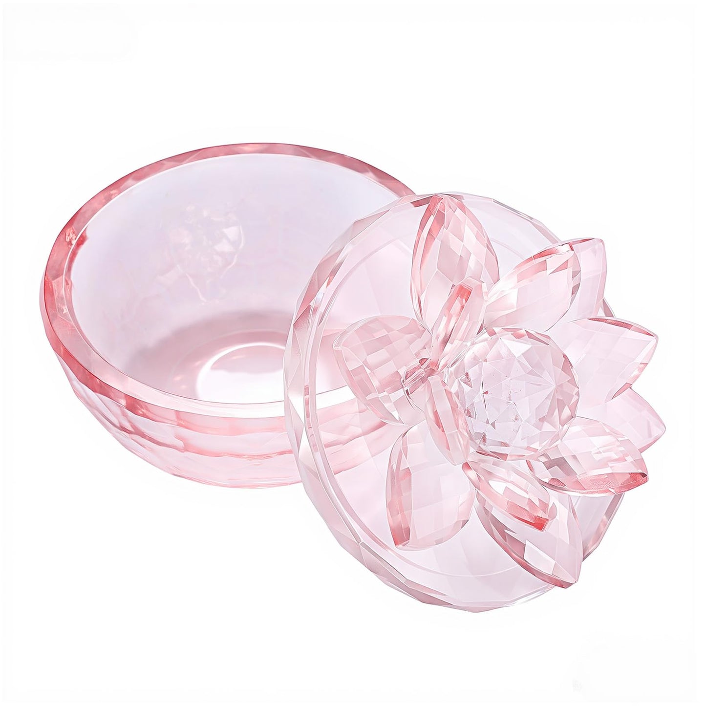 Dounx Crystal Jewelry Box, Small Glass Trinket Jar with Lid, Clear Lotus Flower Storage Holder for Women, Elegant Organizer Dish for Ring, Earrings, Necklace, Gift (Full pink)
